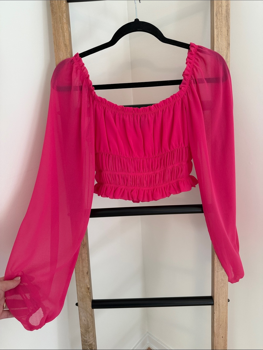 Forever 21 Bright Pink Sheer Puff Sleeve Crop Top
